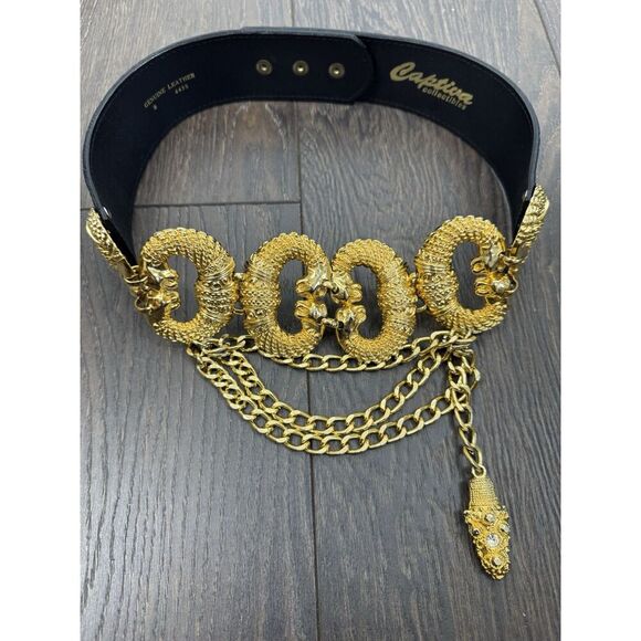 Vintage Captiva Collectibles Chains Drape Panther Links Black Leather Belt M - Picture 7 of 7